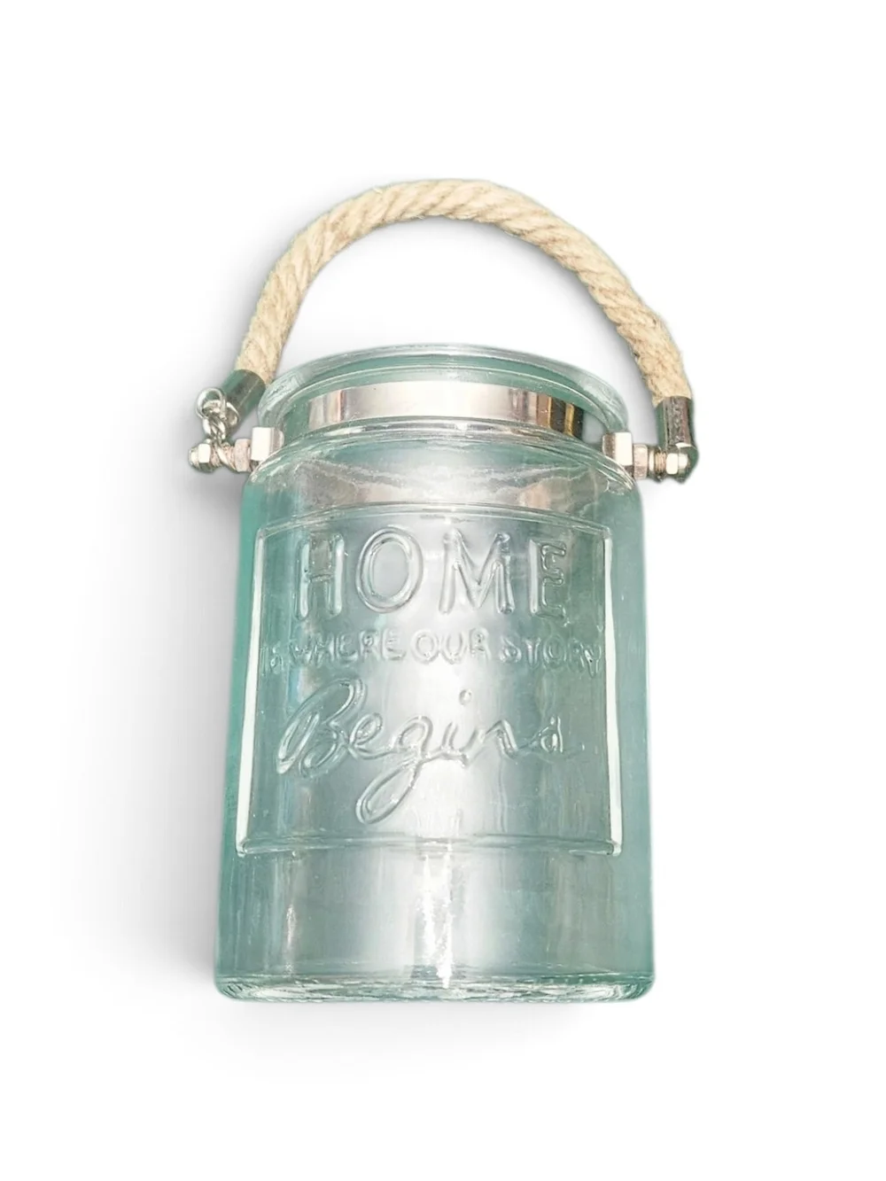 Coastal Aqua Glass Jar Candle Holder w/Tropical Waters Candle Jute Rope Handle